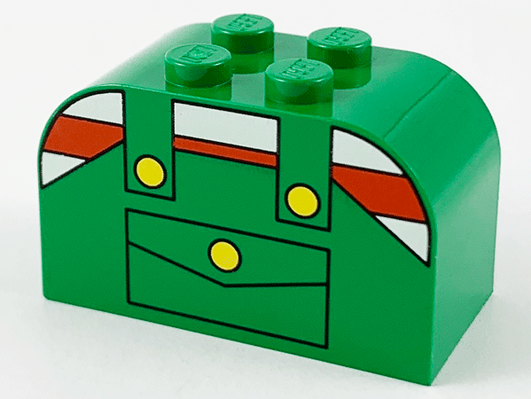 Part 4744px7 - Slope, Curved 4 x 2 x 2 Double with 4 Studs with Overalls with Pocket and Yellow Buttons over Shirt with Red and White Stripes Pattern - De BrickPlaats