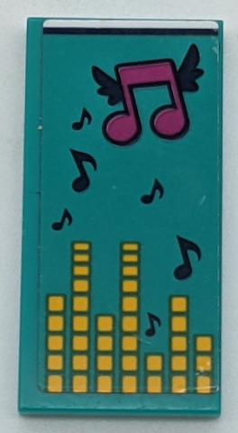 Part 87079pb0964 - Tile 2 x 4 with Dark Turquoise Blanket with Dark Blue and Magenta Musical Notes and Yellow Equalizer Bars Pattern (Sticker) - Set 41341 - De BrickPlaats