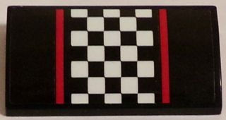 Part 88930pb052 - Slope, Curved 2 x 4 x 2/3 with Bottom Tubes with Red Stripes and Black and White Checkered Pattern (Sticker) - Set 60084 - De BrickPlaats