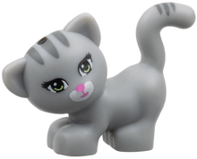 Part 93089pb01 - Cat, Friends, Standing and Looking Left with Yellowish Green Eyes, Dark Pink Nose and Mouth, Dark Bluish Gray Stripes, and White Muzzle Pattern (Maxie) - De BrickPlaats