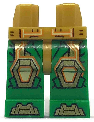 Part 970c06pb08 - Hips and Green Legs with Gold Knee Pads and Armor Toes, Bright Light Yellow and Orange Circuitry Pattern - De BrickPlaats