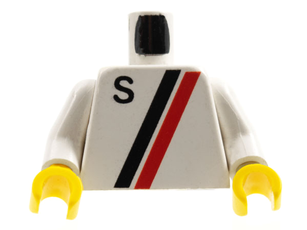 Part 973p14c01 - Torso Town with Letter S and Black and Red Stripes Pattern / White Arms / Yellow Hands - De BrickPlaats