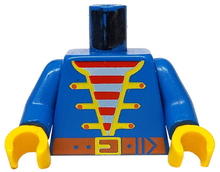 Part 973p34c01 - Torso Pirate Jacket Open with Yellow Trim over Shirt with Red and White Horizontal Stripes, Dark Orange Belt with Buckle Pattern / Blue Arms / Yellow Hands - De BrickPlaats