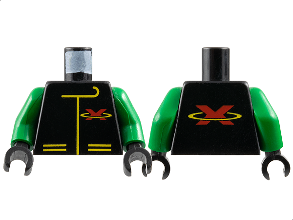 Part 973p8ac01 - Torso Racing Suit with Red Letter X Extreme Team Logo and Yellow Lines Pattern / Green Arms / Black Hands - De BrickPlaats