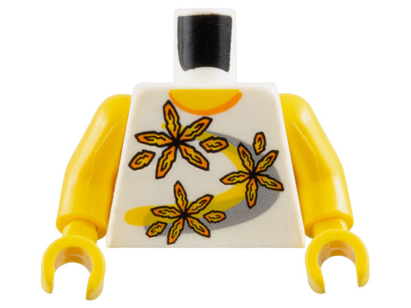 Part 973pb0089c01 - Torso Shirt 3 Flowers over Yellow and Silver Stripe Pattern (Snap) / Yellow Arms / Yellow Hands - De BrickPlaats