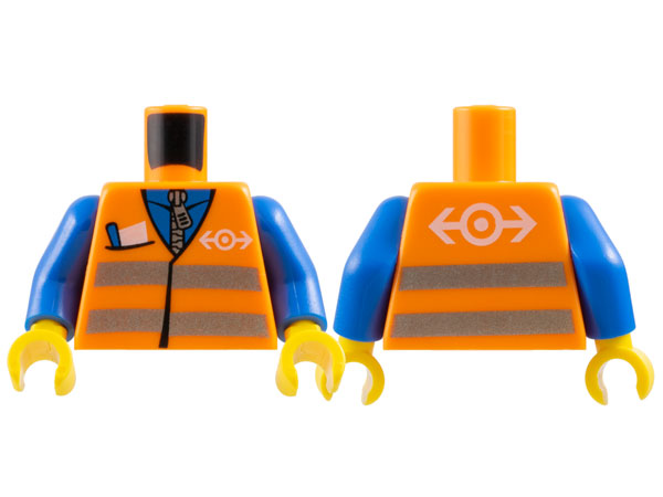Part 973pb0278c01 - Torso Safety Vest with Reflective Stripes with Pocket and Train Logo Pattern / Blue Arms / Yellow Hands - De BrickPlaats