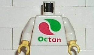 Part 973pb0283c01 - Torso Octan Logo Pattern Color Reversed / White Arms / Yellow Hands - De BrickPlaats