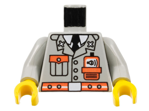 Part 973pb0338c01 - Torso Fire Jacket with Pocket, Black Tie, Neon Orange Radio and Belt, White Undershirt and Buckle Pattern / Light Gray Arms / Yellow Hands - De BrickPlaats