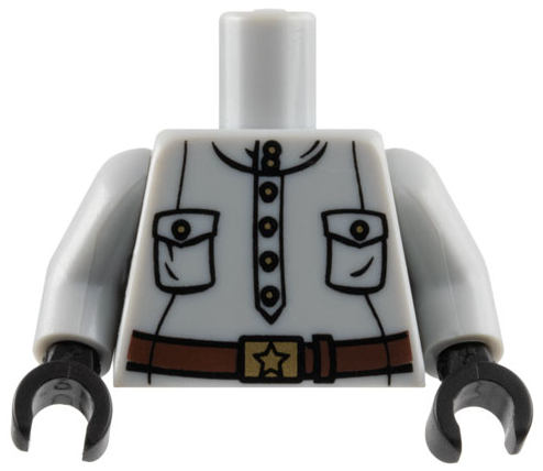 Part 973pb0466c01 - Torso Shirt with Popover Placket, Pockets, and Gold Buttons, Dark Brown Belt with Buckle with Star Pattern / Light Bluish Gray Arms / Black Hands - De BrickPlaats