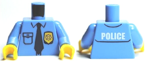 Part 973pb0801c01 - Torso Police Shirt with Gold Badge, Dark Blue Tie and 'POLICE' Pattern on Back / Medium Blue Arms / Yellow Hands - De BrickPlaats