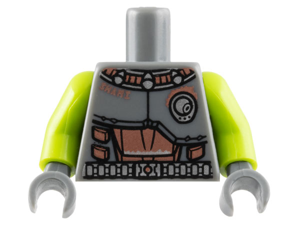 Part 973pb1333c01 - Torso Space Armor with Copper Abdomen and 'SHAMI', Silver Belt and Air Vent Pattern / Lime Arms / Dark Bluish Gray Hands - De BrickPlaats