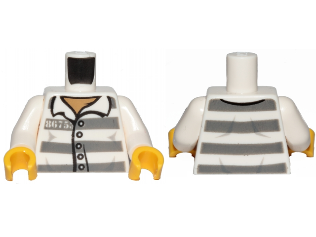 Part 973pb1557c01 - Torso Town Prisoner Number 86753, Dark Bluish Gray Stripes, Buttons, Dark Tan Undershirt Pattern / White Arms / Yellow Hands - De BrickPlaats