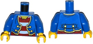 Part 973pb1908c01 - Torso Pirate Jacket Open with Gold Trim over Shirt with Red and White Horizontal Stripes, Yellow Neck Pattern / Blue Arms / Yellow Hands - De BrickPlaats