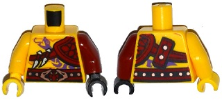 Part 973pb1914c01 - Torso Ninjago Bare Chest Muscles, Purple Snake Tattoo, Shoulder Pad, Snake Buckle Pattern / Dark Red Arm and Black Hand Left / Yellow Arm and Hand Right - De BrickPlaats