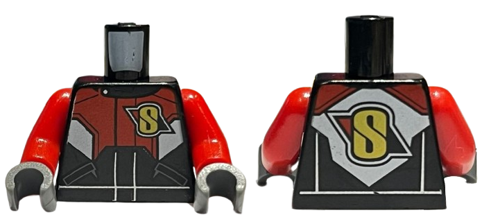 Part 973pb2014c01 - Torso Racing Suit with Red and White Chest and Back Panel with Yellow 'S' Logo Pattern / Red Arms / Dark Bluish Gray Hands - De BrickPlaats