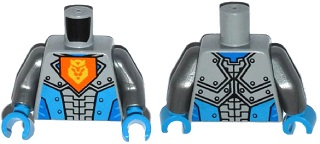 Part 973pb2256c01 - Torso Nexo Knights Armor with Orange Emblem with Yellow Crowned Lion, Dark Azure Panels Pattern / Flat Silver Arms / Dark Azure Hands - De BrickPlaats