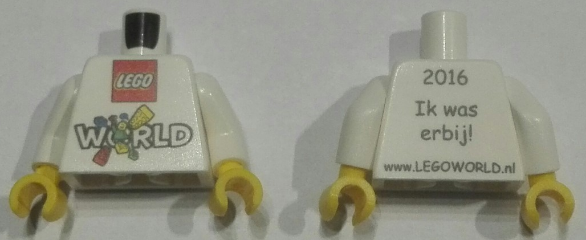 Part 973pb2494c01 - Torso LEGO World The Netherlands 2016 with 'Ik was erbij!' and 'www.LEGOWORLD.nl' on Back Pattern / White Arms / Yellow Hands - De BrickPlaats