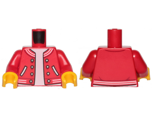 Part 973pb3624c01 - Torso Letterman Jacket with Striped Trim, Pockets, and Silver Buttons over White Shirt Pattern / Red Arms / Yellow Hands - De BrickPlaats
