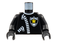 Part 973px9c01 - Torso Police Leather Jacket with Thick White Zippers and Badge with Yellow Star Pattern / Black Arms / Black Hands - De BrickPlaats