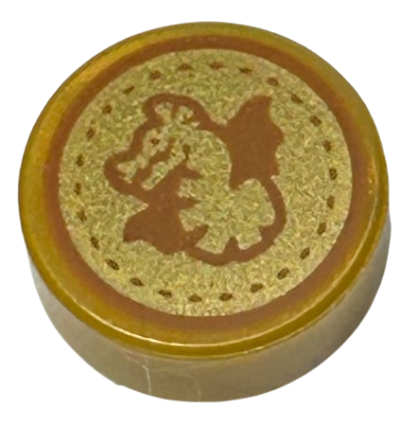 Part 98138pb380 - Tile, Round 1 x 1 with Dark Orange Dragon and Dotted Circle on Gold Background Pattern (HP Unum Galleon) - De BrickPlaats