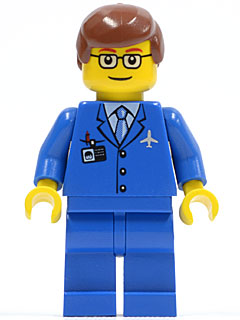 Minifig air035 - Airport - Blue 3 Button Jacket & Tie, Reddish Brown Male Hair, Glasses with Thin Eyebrow - De BrickPlaats