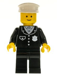 Minifig cop001 - Police - Suit with 4 Buttons, Black Legs, White Hat - De BrickPlaats