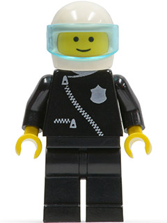 Minifig cop004 - Police - Zipper with Badge, Black Legs, White Helmet, Trans-Light Blue Visor - De BrickPlaats