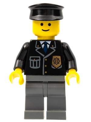 Minifig cop050 - Police - City Suit with Blue Tie and Badge, Dark Bluish Gray Legs, Black Hat - De BrickPlaats