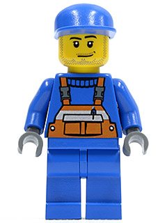 Minifig cty0042 - Overalls with Safety Stripe Orange, Blue Legs, Blue Cap, Smirk and Stubble Beard - De BrickPlaats