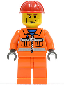 Minifig cty0052 - Construction Worker - Orange Zipper, Safety Stripes, Orange Arms, Orange Legs, Red Construction Helmet - De BrickPlaats