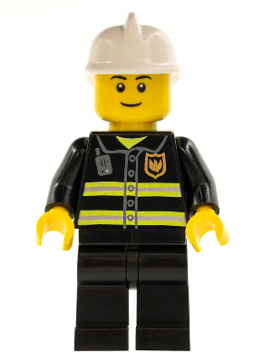 Minifig cty0090a - Fire - Reflective Stripes, Black Legs, White Fire Helmet, Black Eyebrows, Thin Grin, Yellow Hands - De BrickPlaats