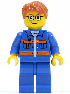 Minifig cty0140 - Blue Jacket with Pockets and Orange Stripes, Blue Legs, Dark Orange Short Tousled Hair, Brown Eyebrows, Glasses - De BrickPlaats