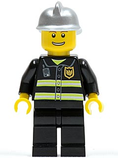 Minifig cty0173 - Fire - Reflective Stripes, Black Legs, Silver Fire Helmet, Thin Grin with Teeth - De BrickPlaats