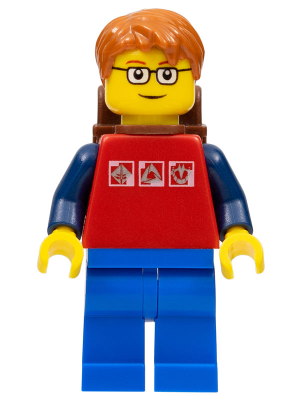 Minifig cty0180a - Red Shirt with 3 Silver Logos, Dark Blue Arms, Blue Legs, Dark Orange Short Tousled Hair, Red Eyebrows, Backpack - De BrickPlaats