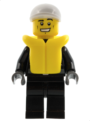 Minifig cty0207 - Police - City Leather Jacket with Gold Badge and 'POLICE' on Back, White Short Bill Cap, Life Jacket - De BrickPlaats