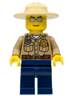 Minifig cty0260 - Forest Police - Dark Tan Shirt with Pockets, Radio and Gold Badge, Dark Blue Legs, Campaign Hat, Silver Sunglasses - De BrickPlaats