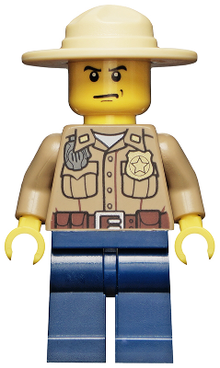 Minifig cty0273 - Forest Police - Dark Tan Shirt with Pockets, Radio and Gold Badge, Dark Blue Legs, Campaign Hat, Angry Eyebrows and Scowl, White Pupils - De BrickPlaats