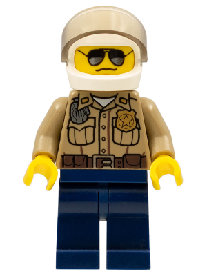 Minifig cty0276 - Forest Police - Dark Tan Shirt with Pockets, Radio and Gold Badge, Dark Blue Legs, White Helmet with Visor, Black and Silver Sunglasses - De BrickPlaats