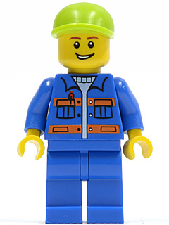 Minifig cty0295 - Blue Jacket with Pockets and Orange Stripes, Blue Legs, Lime Short Bill Cap, Open Grin - De BrickPlaats