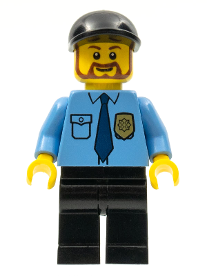 Minifig cty0316 - Police - City Shirt with Dark Blue Tie and Gold Badge, Black Legs, Black Short Bill Cap, Brown Beard Rounded - De BrickPlaats
