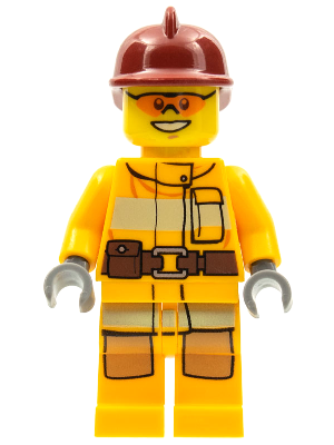 Minifig cty0338 - Fire - Bright Light Orange Fire Suit with Utility Belt, Dark Red Fire Helmet, Orange Sunglasses - De BrickPlaats