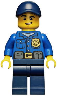 Minifig cty0454 - Policía - agente de City, placa dorada, gorra Dark Blue con agujero, sonrisa torcida
