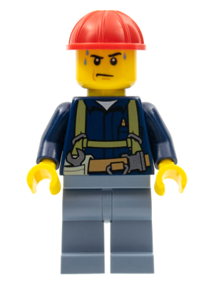 Minifig cty0530 - Construction Worker - Shirt with Harness and Wrench, Sand Blue Legs, Red Construction Helmet, Sweat Drops - De BrickPlaats