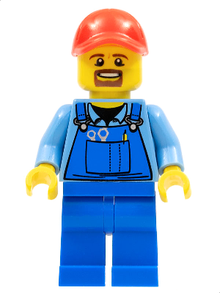 Minifig cty0570 - Overalls with Tools in Pocket Blue, Red Cap with Hole, Brown Moustache and Goatee - De BrickPlaats