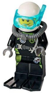 Minifig cty0639 - Fire - Scuba Diver, Black Flippers, Dark Bluish Gray Scuba Tank, White Helmet, Trans-Light Blue Scuba Mask - De BrickPlaats