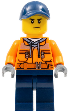 Minifig cty0641 - Construction Worker - Male, Orange Safety Jacket, Reflective Stripe, Sand Blue Hoodie, Dark Blue Legs, Dark Blue Cap with Hole, Scowl - De BrickPlaats