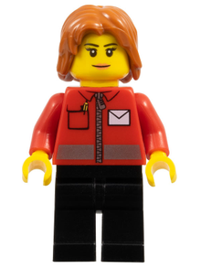 Minifig cty0676 - Post Office White Envelope and Stripe, Black Legs, Dark Orange Mid-Length Tousled Hair - De BrickPlaats