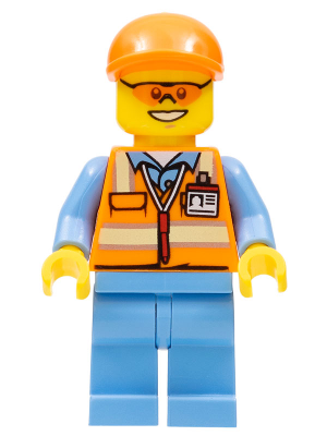 Minifig cty0677 - Orange Safety Vest with Reflective Stripes, Medium Blue Legs, Orange Short Bill Cap, Orange Sunglasses - De BrickPlaats