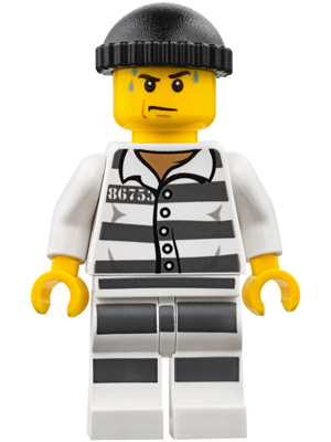 Minifig cty0775 - Police - Jail Prisoner 86753 Prison Stripes, Black Knit Cap, White Striped Legs, Sweat Drops - De BrickPlaats