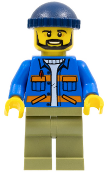 Minifig cty0996 - Dock Worker, Male, Blue Jacket with Diagonal Lower Pockets and Orange Stripes, Olive Green Legs, Dark Blue Knit Cap - De BrickPlaats